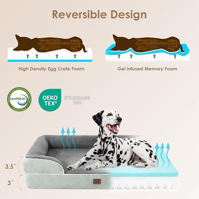EHEYCIGA Orthopedic Dog Beds for Large Dogs, Waterproof Memory Foam Large Pet Bed with Sides, Non-Slip Bottom and Egg-Crate Foam Dog Couch Bed with Washable Removable Cover, Greyish Green-Mewly Pet