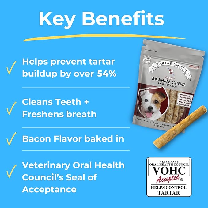 Tartar Shield Soft Rawhide Chews | Safe Dental Treats for Small Dogs | Vet VOHC Approved | Daily Bone Cleans Teeth & Gums Fresh Breath Oral Health Support | USA Made | (Small Dogs / 30 Count)-Mewly Pet