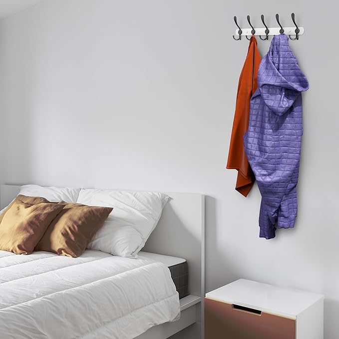 Coat Rack Wall Mount with 5 Tri Hooks, Stainless Steel 16 Inch – White & Black Matte Finish, Heavy Duty Wall Mounted Hook Rack for Coats, Hats, Towels, Scarfs, Robes, Bags, Entryway & Bathroom, 3 Pack