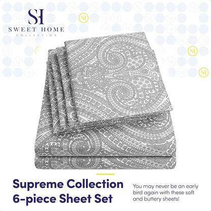 Full Size Bed Sheets - 6 Piece 1500 Supreme Collection Fine Brushed Microfiber Deep Pocket Full Sheet Set Bedding - 2 Extra Pillow Cases, Great Value, Full, Paisley Gray