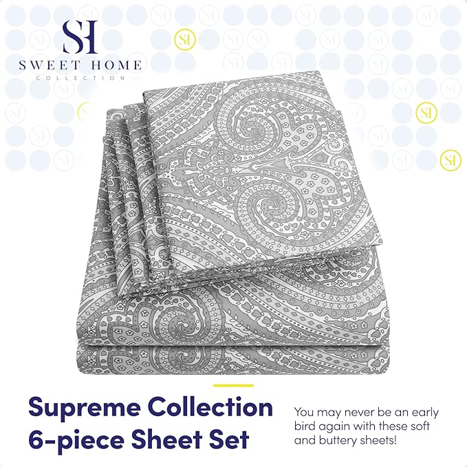 King Size Bed Sheets - 6 Piece 1500 Supreme Collection Fine Brushed Microfiber Deep Pocket King Sheet Set Bedding - 2 Extra Pillow Cases, Great Value, King, Paisley Gray