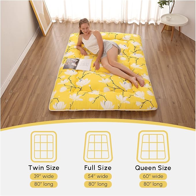 Japanese Floor Mattress, Futon Mattress with Portable Storage Bag and Washable Cover, Roll Up Thick Tatami Mat Suitable for Camping, Guest Room, Yellow Flower, Queen