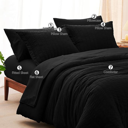 CozyLux Oversized King Comforter Set Black Seersucker 7 Pieces 120x98 Bed in a Bag Comforter Set with Sheets, Luxury Soft Bedding Sets with Down Alternative Comforter, Sheets, Pillowcases & Shams