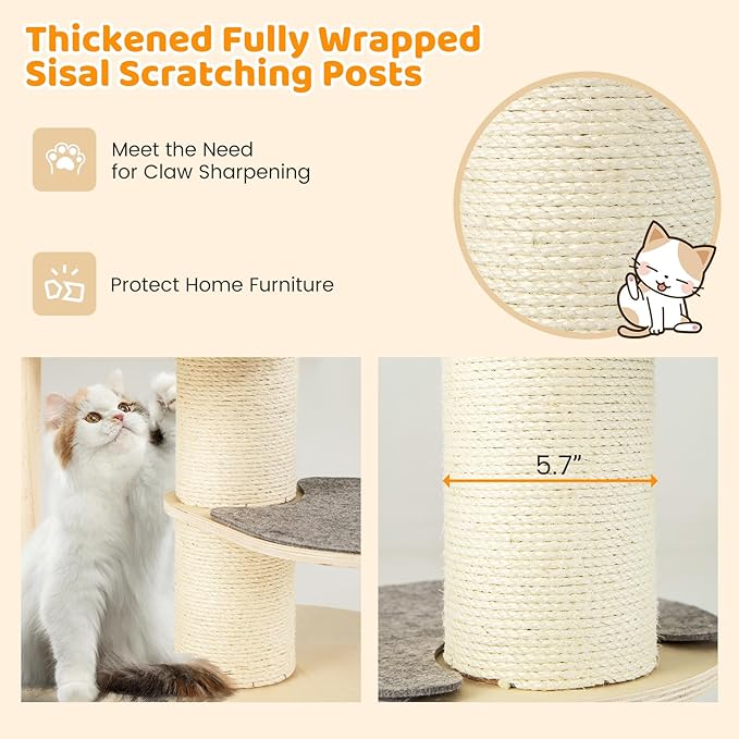 Tangkula Wood Cat Tree, 47 Inch Multi-Layer Cat Tower with 5.7” Thicker Sisal Covered Scratching Posts & Carpet, Padded Top Perch, 2 Jumping Platforms, Hammock, Modern Cat Tree Tower for Indoor Cats-Mewly Pet
