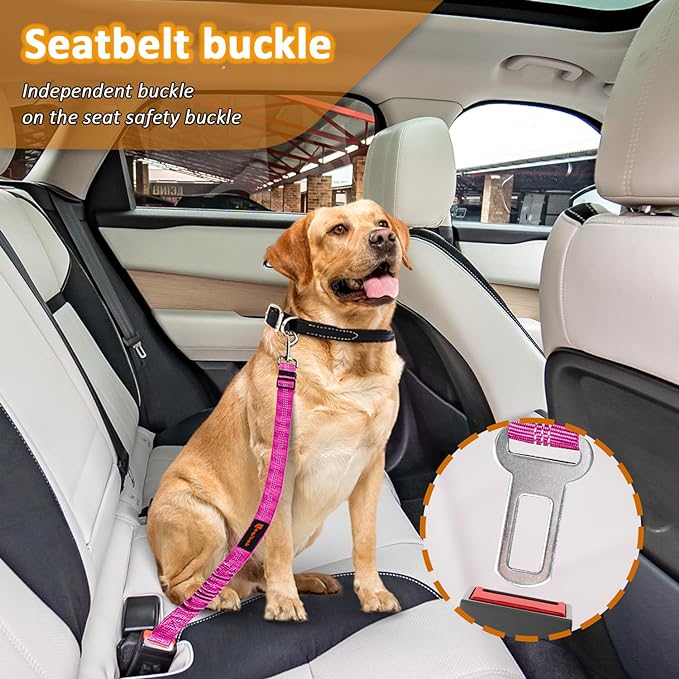 Removable Dog Seat Belt Harness for Car, 3 in 1 Pet Dog Car Seatbelt Leash, Retractable Restraint Secures to Vehicle Headrest & Adjustable Reflective Bungee Dog Seatbelt Tether, Rose-Mewly Pet