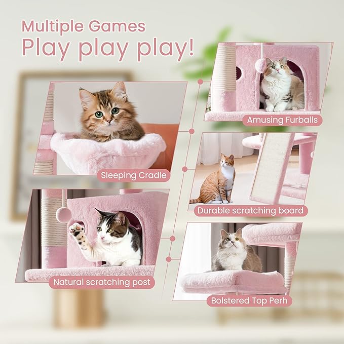 SHA CERLIN 68 Inches Multi-Level Large Cat Tree for Large Kitties/Big Cat Tower with Condo/Cozy Plush ‌Pussycat Perches/Sisal Scratching Posts and Hammocks/Activity Center/Pink-Mewly Pet