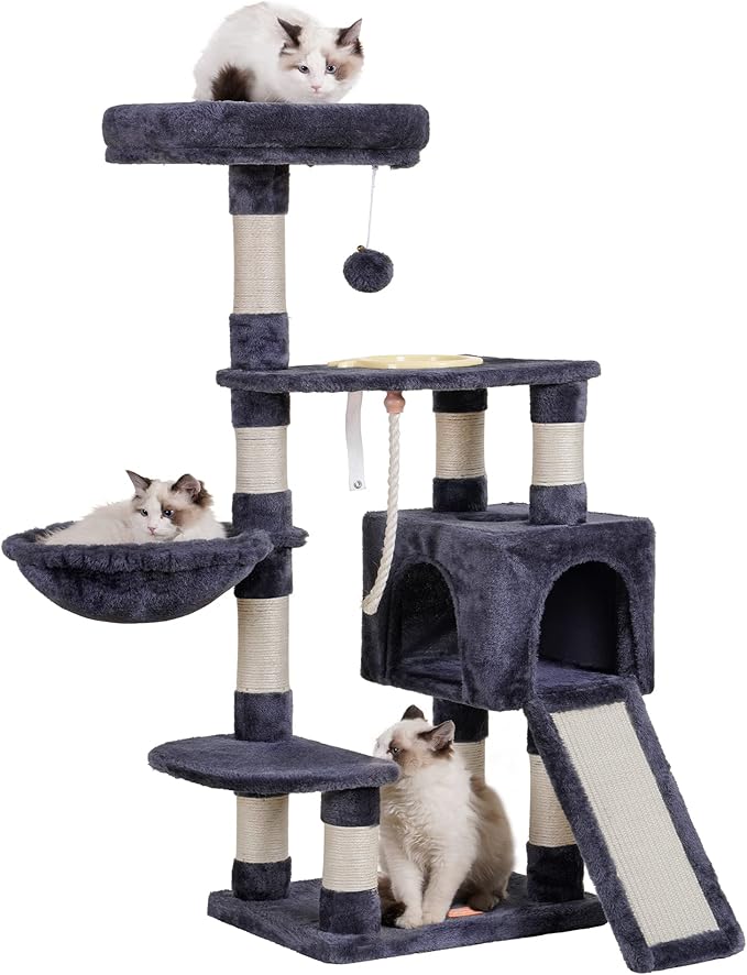 Heybly Cat Tree, Cat Tower for Indoor Cats with Scratching Board, Multi-Level Cat Furniture Condo with Feeding Bowl Smoky Gray HCT010SG-Mewly Pet