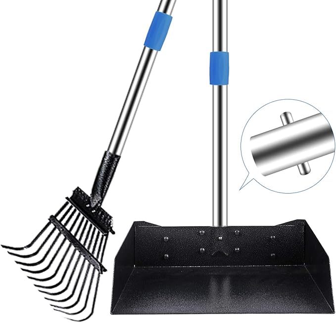QiMH Upgraded Dog Pooper Scooper Extra Large, Adjustable Long Handle Stainless Metal Pet Poop Tray and Rake Set for Large Medium Small Dogs, Dog Waste Removal Bin Rake, Great for Grass, Street, Gravel-Mewly Pet