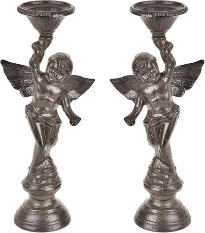 Sungmor Set of 2 Cast Iron Angel Candle Holders, 13.7" Tall Heavy-duty Solid Cherub Candlestick Holders, Vintage EU Style Statue Pillar Column Candle Stands for Wall Shelf Table Center Fireplace Decor