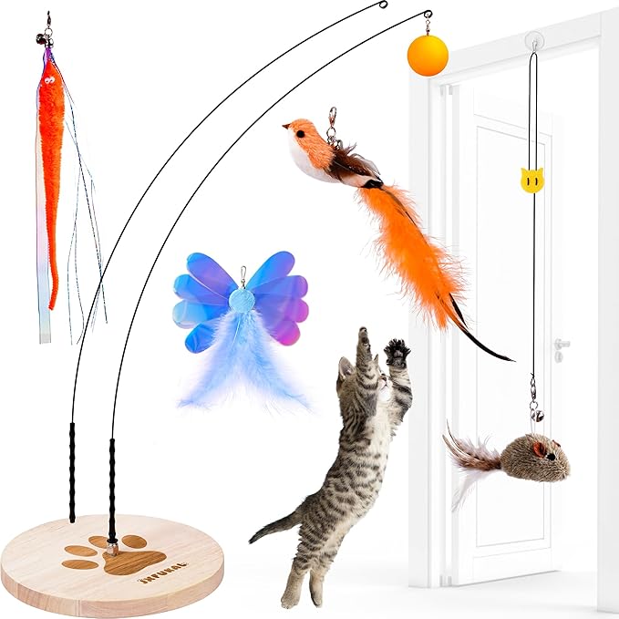 JXFUKAL Interactive cat Toy, Automatic Cat Wand Toy with Stable Wooden Base, 2 PCS Detachable Cat Teaser, 5PCS Refills Replacement & Hanging Cat Toy, Kitty Kitten Toys Cat Feather Spring String Toy-Mewly Pet