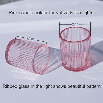 VOHO Pink Candle Holder Set of 12, Ribbed Votive Candle Holders for Pink Room Decor, Tealight Candle Holder Romantic Gifts for Valentine Christmas Decorations(2.1'' x 2.6'')