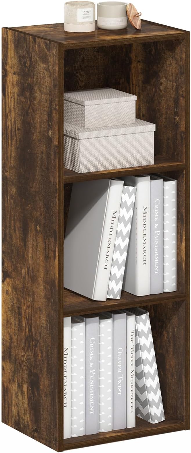 Furinno LUDER Book Shelf, 3-Cube Bookshelf, Bookcase, 9.3" x 12" x 31.5", for Living Room, Bedroom, Home Office, Amber Pine