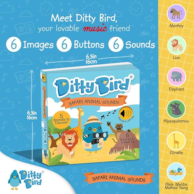 Ditty Bird Safari Book for Toddlers | Realistic Animal Sound Book | Interactive Safari Board Books for Toddlers 1-3 | Sensory, Musical Books for Animal Lovers | Sturdy Nursery Rhyme Toys for Baby-Mewly Pet