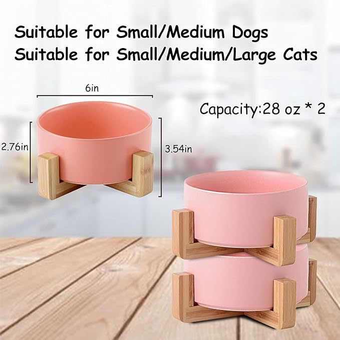 Petygooing Pink Ceramic Dog Cat Bowl Set with Stand, Pet Food and Water Dish,Medium Dog Bowls Anti Slip Set of 2 Cat Bowls Pet Food Bowl- Pet Dishes Small Medium Size Pet (28 OZ /3.6 Cups)-Mewly Pet