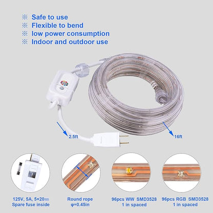 16ft LED Rope Lights, RGBWW Color Changing Strip Lights with Remote, Flexible and Connectable Durable Tube, Waterproof for Indoor Outdoor Use, 17 Colors and 6 Modes