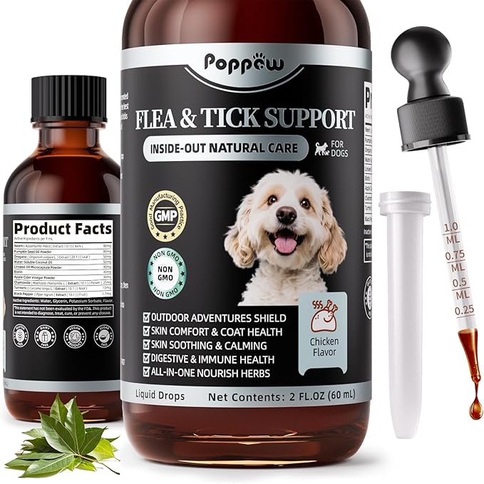 Dog Flea and Tick Support, Natural Herbal Flea & Tick Comfort for Dogs, Flea Liquid Drops Supplement for Dogs with Neem, Oregano, Pumpkin Seed Oil - Chicken Flavor, 2 FL.Oz - All Breeds & Sizes-Mewly Pet
