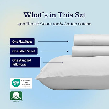 California Design Den Twin Bed Sheets Set - 400 Thread Count Sateen, Natural 100% Cotton Bedsheets, Deep Pockets with All Around Elastic, Soft, Cool and Durable Bedding - Silver
