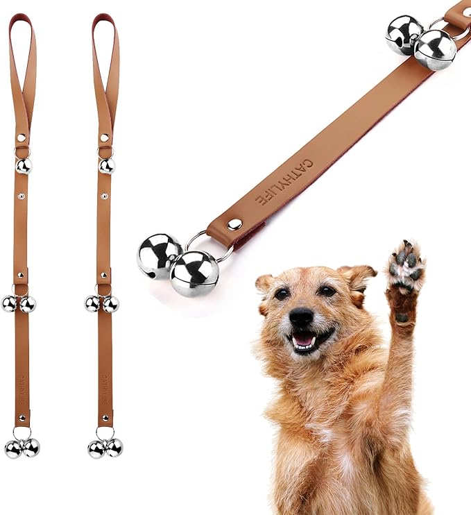 Leather Dog Doorbells for Door Knob/Potty Training/Go Outside, Length Adjustment Copper Dog Bell, Housetraining Hanging Bell, Brown Leather Silver Bells - 2 Pack-Mewly Pet