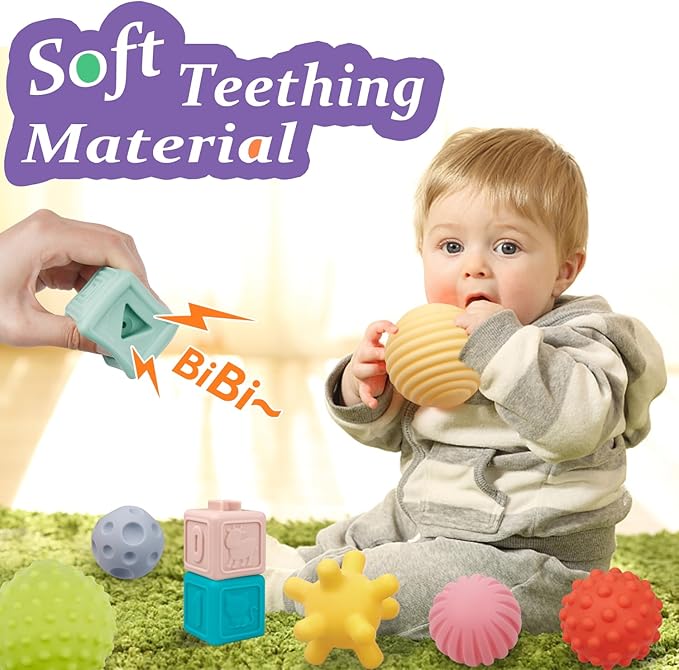 Montessori Toys for Babies,Soft Stacking Building Blocks Rings Balls Sets,3 in 1 Baby Toy Bundle,Sensory Toy for 6-12 Months, Soft Teething Toys for Babies,Baby Gifts for Boy Girl-Mewly Pet