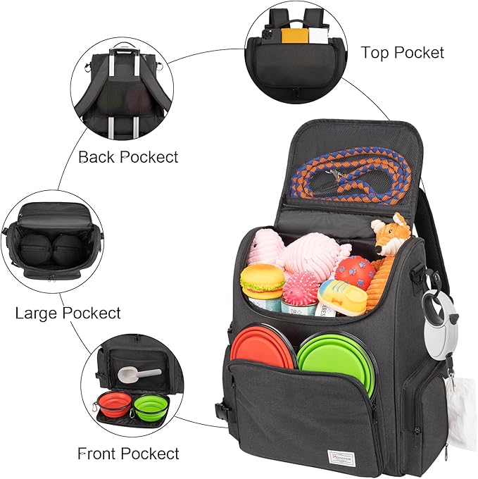 Modoker Dog Travel Bag Backpack, Airline Approved Pet Accessories Organizer for Dog and Cat with Shoulder Strap, 2 Dog Food Storage Containers, 2 Collapsible Dog Bowls,1 Pet Mat, Black-Mewly Pet
