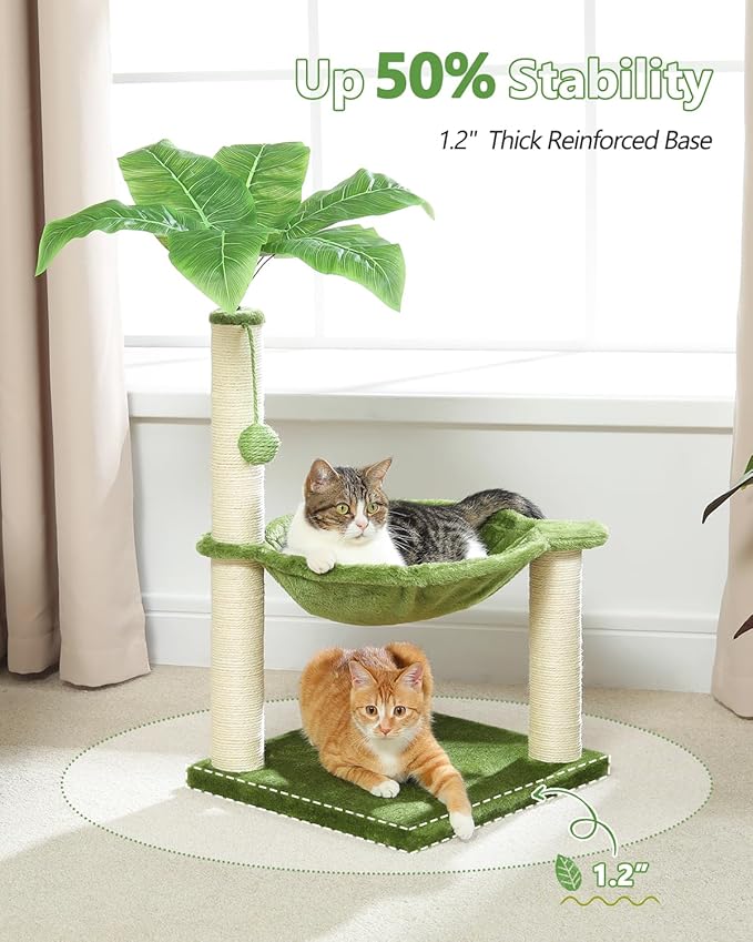 Small Cat Tree, 28" Cat Tower with Sisal Scratching Posts and Coconut Leaves for Indoor Small Cats, Large Hammock and Dangling Ball for Kittens, Green-Mewly Pet