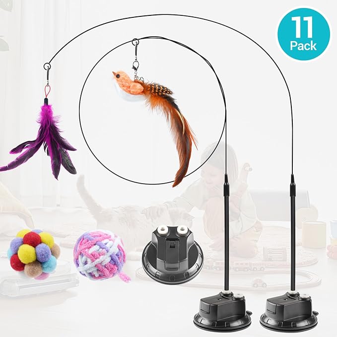 ROSAUI 11-Pack Cat Toy Set with Suction Cup Base and Wire Teasers – Interactive Bird and Feather Attachments with Yarn Balls for Cats and Kittens – Indoor Cat Fun and Exercise-Mewly Pet