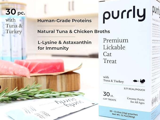 Purrly Lickable Cat Treat Healthy Human-Grade Tuna & Turkey with L-Lysine & Astaxanthin for Immunity (30 Count) Soft Healthy Low Calorie Hydrating Interactive Snack-Mewly Pet