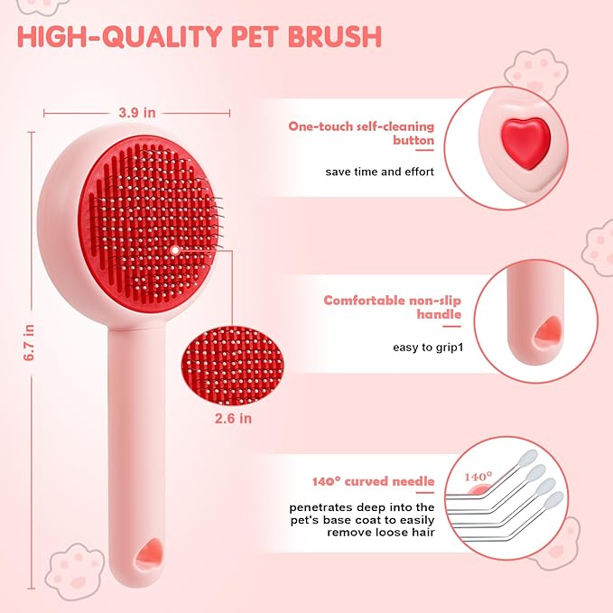 New cat brush&dog brush,pet hair brush with Self Cleaning Button Easy to remove loose undercoat，Needle-tip massage beads, no harm to the skin,Lovely Heart Series(Pink)-Mewly Pet