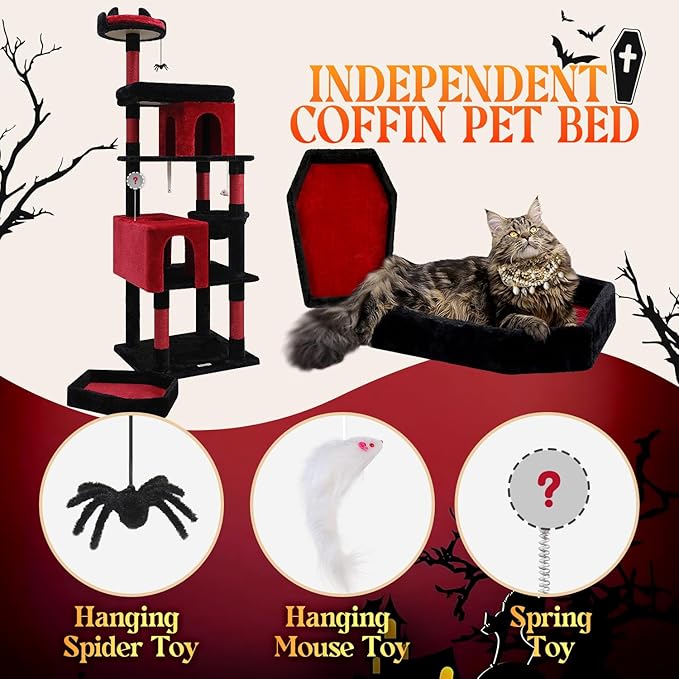 Globlazer Heavy Duty Gothic Cat Tree, 72in Large Cat Tower with Coffin Bed, Sturdy Maine Coon Cat Tree for Large Cats 20 lbs+, Medieval Castle Style with 6 Scratching Posts & Hammock, S72, Black & Red-Mewly Pet