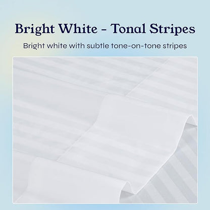 California Design Den Striped Queen Sheet Set - Soft 400 Thread Count Sateen, Natural 100% Cotton Sheets with Deep Pockets, Cooling and Durable Bedding Set - Striped White