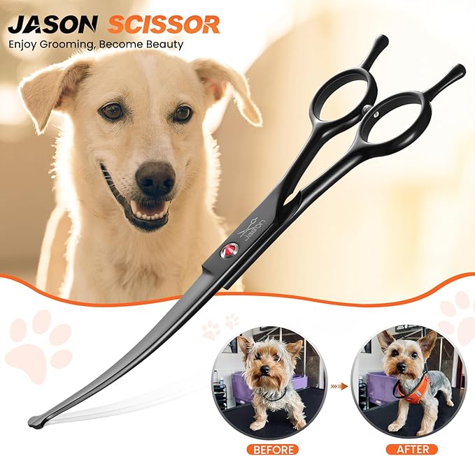 JASON 7.5" Dog Grooming Shear - Professional Up-curved Scissor with Round Tips Japanese Stainless Steel Hair Scissor for Dogs, Cats and Other Pets (Curved with Round Tips, Black)-Mewly Pet