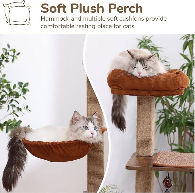 FUKUMARU Cat Tree, 4 in 1 Large Modern Cats Tower with Jute Scratching Post and Hammock, Wood Cat Condo with silvervine Balls, Brown Cat Climber Stand Playhouse for Indoor Cats, Retro Style-Mewly Pet