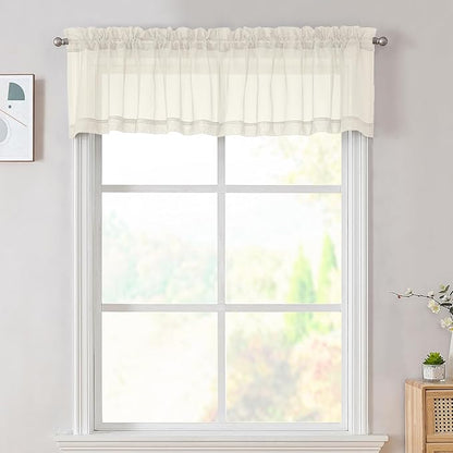 OVZME Cream Sheer Valances for Windows 14 Inch Length 2 Pcs, Light Filtering Short Kitchen Curtains, Top Dual Rod Pocket Small Curtains for Living Room Bedroom Basement, Each 42Wx14L Inches