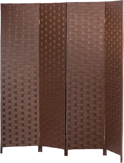 FDW Room Divider 4 Panel mesh Woven Design Room Divider Wooden Folding Portable partition Screen Wood for Home, Brown