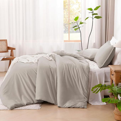 Litanika Linen Grey Comforter Set Full Size, 3 Pieces Lightweight Solid Bedding Comforter Set, All Season Fluffy Bed Set (79x90In Comforter & 2 Pillowcases)