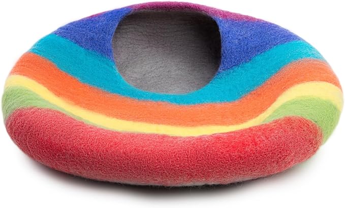 Woolygon Premium Felt Cat Cave Bed – Wool Kitty Beds Handcrafted Kitten Caves Bed for Indoor Cats - Made from 100% Eco-Friendly Merino Wool, Foldable Cat Hidewawy Covered Cat House Pod (Rainbow Twist)-Mewly Pet