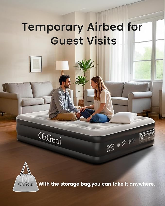 OhGeni King Air Mattress Family Choice Award with Built-in Pump,18'' Comfortable Blow Up Colchones Inflables Mattress for Home,Guests, Portable Air Bed for Adults, Airbed Supports Up to 700 lbs,Black
