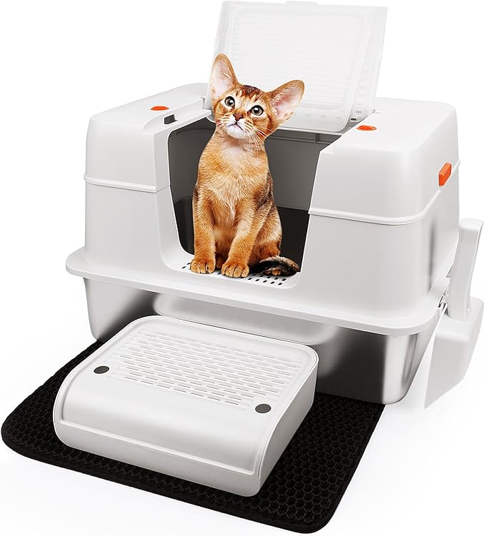 Vivifying Stainless Steel Litter Box with Lid, XL Side Entry Extra Large Litter Box for Big Cats & Kitty, Removable Enclosed Metal Cat Pan with High Sided Enclosure, Scoop, Mat, Footboard (Beige)-Mewly Pet