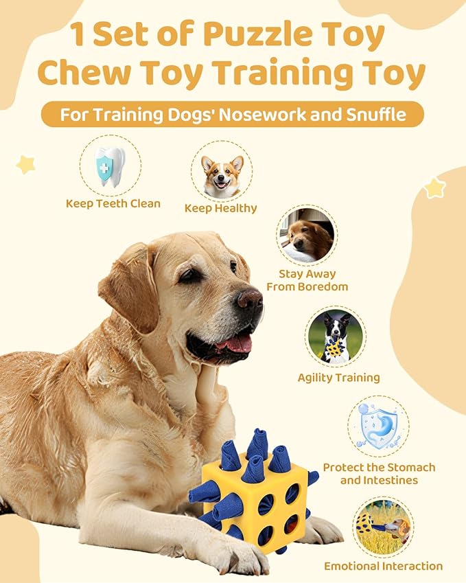 Interactive Puzzle Dog Toy Encourage Natural Foraging Skill, Durable Dog Enrichment Toy Snuffle Cube Cloth Strip with Hide & Seek Food, Slow Feeder for Mind Stimulate & Stress Relief (Yellow)-Mewly Pet