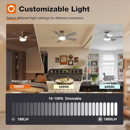 addlon Ceiling Fans with Lights, 42 Inch Low Profile Ceiling Fan with Light And Remote Control, Flush Mount, Reversible, 3CCT, Dimmable, Quiet, Nickel Small Ceiling Fan for Bedroom Indoor/Outdoor Use