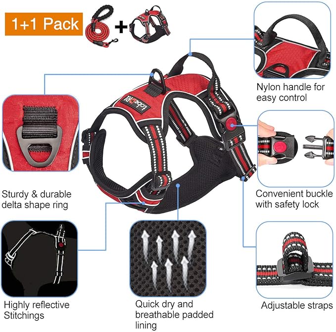 No Pull Dog Harness Adjustable Reflective Oxford Easy Control Medium Large Dog Harness with A Free Heavy Duty 5ft Dog Leash (S (Chest: 17.5"-21"), Red Harness+Leash)-Mewly Pet