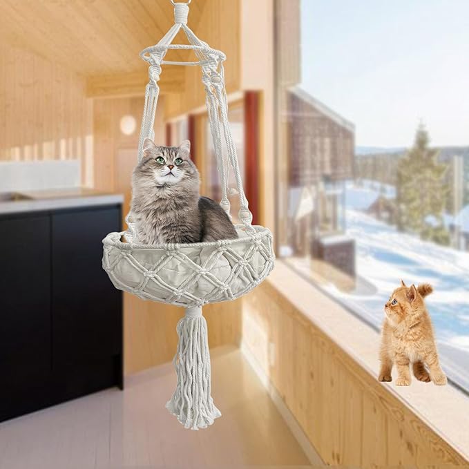 kathson Macrame Cat Hammock with Cushion,Handwoven Cats Bed,Hanging Indoor Boho Kitten Swing Beds for Playing Sleeping Climbing and Lounging(XL)-Mewly Pet
