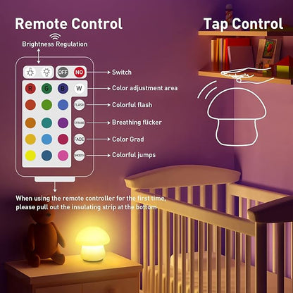 Mushroom Lamp, Rechargeable Night Light, Multi-Color LED Mushroom Nightlight, Dimmable Nightlamp for Breastfeeding, Nursery Squishy Silicone Lamp for Bedroom(Tap/Remote Control)