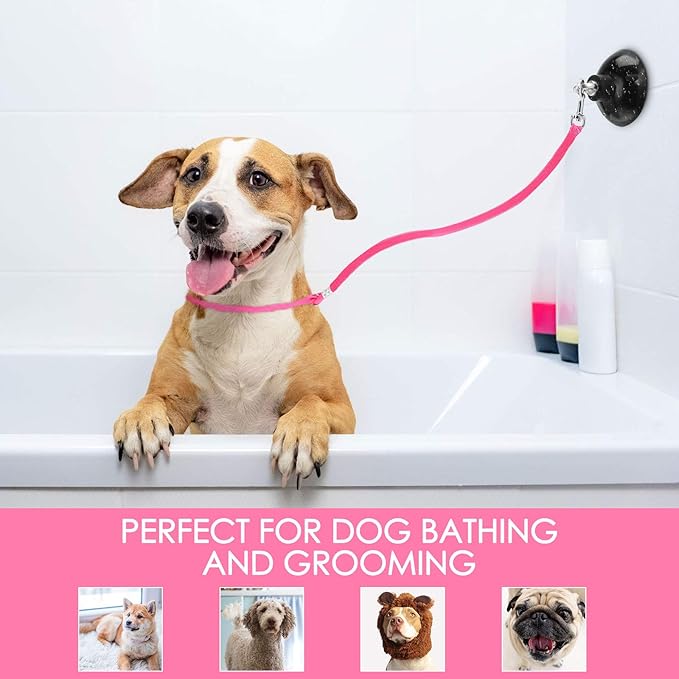 Frienda 4 Pieces Dog Bathing Tether with Suction Cup Pet Dog Grooming Tub Restraint Loops and Adjustable Cat Fixed Safety Rope for Pet Shower Bathing Grooming(Blue Black Pink)-Mewly Pet