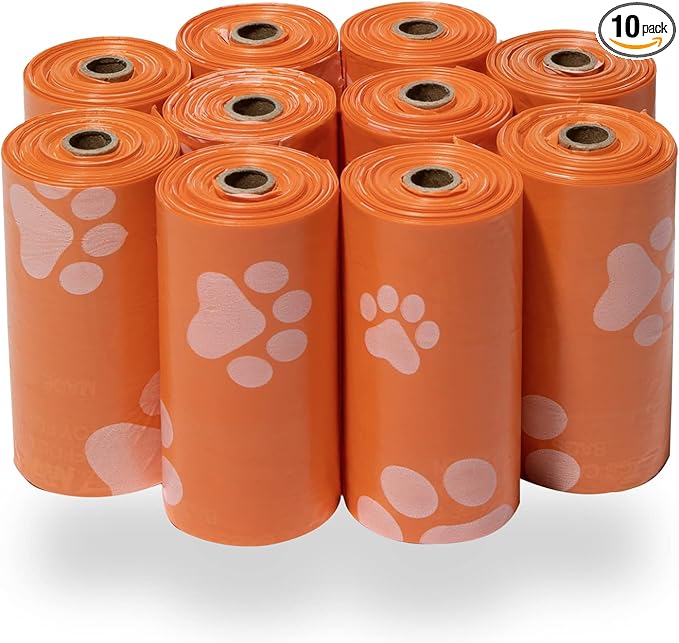 Best Pet Supplies Dog Poop Bags (150 Bags) for Waste Refuse Cleanup, Doggy Roll Replacements for Outdoor Puppy Walking and Travel, Leak Proof and Tear Resistant, Thick Plastic - Orange-Mewly Pet