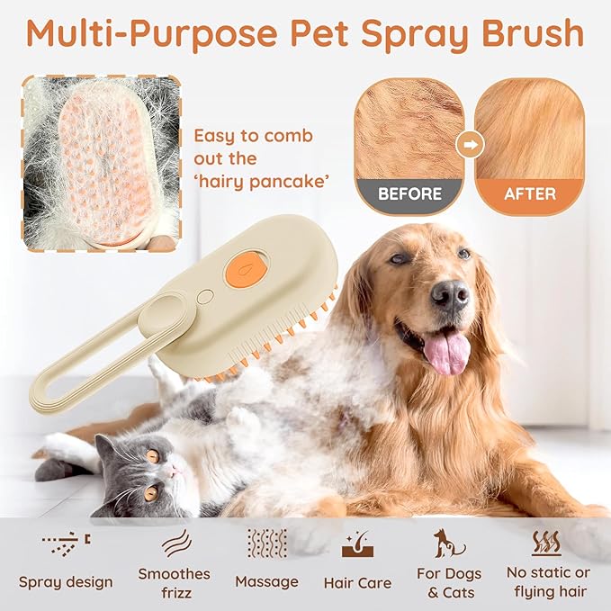 GKZ Cat Steam Brush, 3 in 1 Pet Comb for Massage, Cleaning, Shedding and Combing, Electric Mist to Prevent Flyaways for Home, Dogs and Cat Lovers - Khaki-Mewly Pet