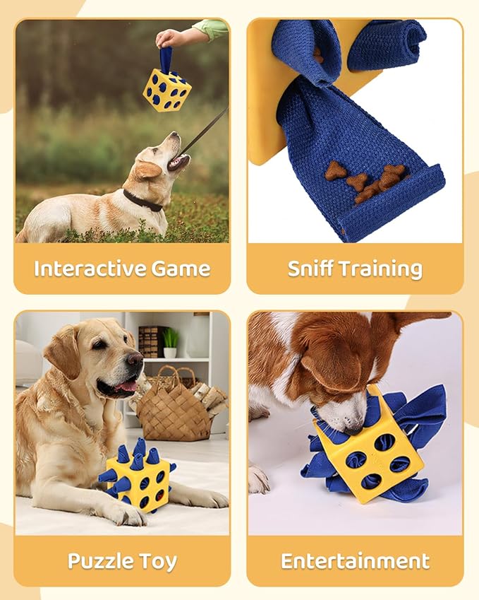 Interactive Puzzle Dog Toy Encourage Natural Foraging Skill, Durable Dog Enrichment Toy Snuffle Cube Cloth Strip with Hide & Seek Food, Slow Feeder for Mind Stimulate & Stress Relief (Yellow)-Mewly Pet