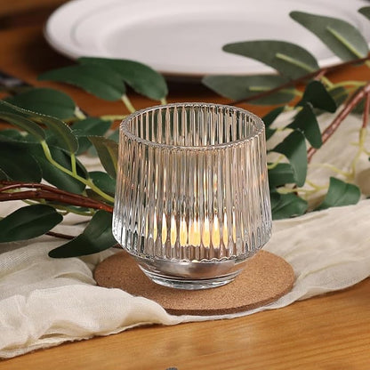 12 Pcs Large Glass Votive Candle Holders- 3.15"×3.15" Ribbed Candle Holders for Tealight Candles, Votives, Floatings, Tea Lights Candle Holders for Table Centerpieces, Wedding Table Decor