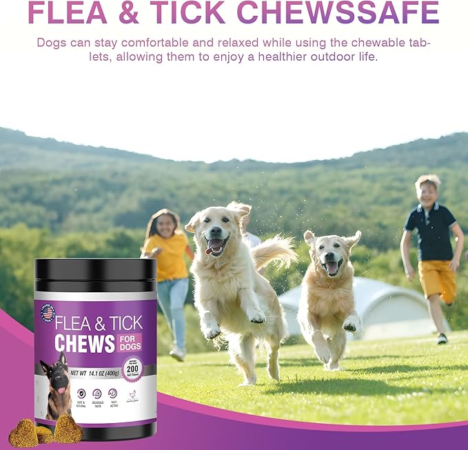 Dog Flea and Tick Treatment Chewable 200 Treatment Chews Natural Soft Chew Fleas Ticks Treatment Dog Oral Chewables Support Supplement Pest Defense Breeds and Ages Dogs Chicken Flavor-Mewly Pet