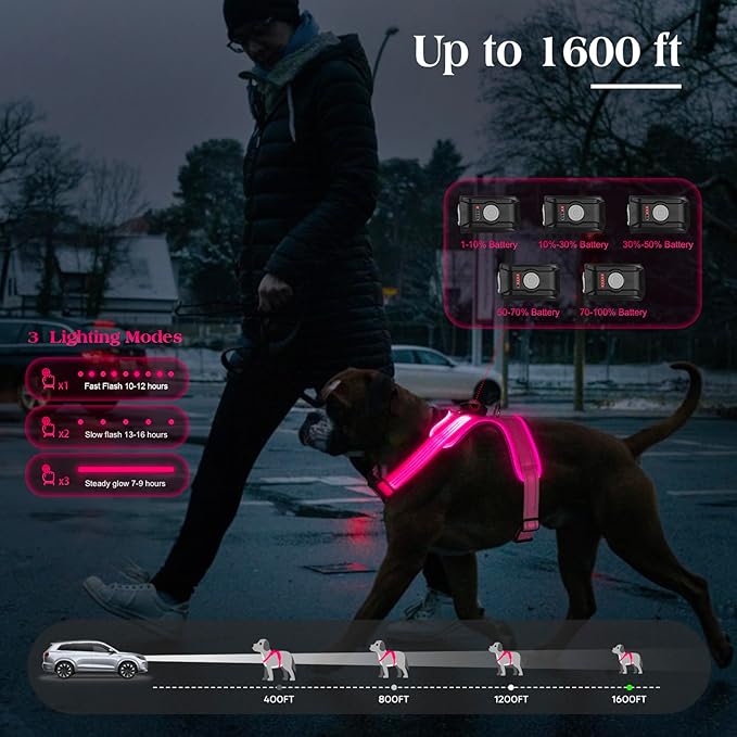 Light Up Dog Harness, Rechargeable Led Dog Harness with Battery Level Indicator, Adjustable Reflective Safety Vest for Night Walking, Soft Mesh Lighted Harness for Medium Large Dogs(5-90lbs)-Mewly Pet